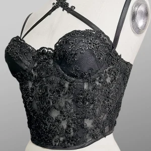 Black Crown - Corsetto nero in pizzo con ricami a rilievo e perle