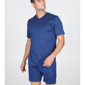 Pigiama corto serafino in ricercato puro cotone mercerizzato, fantasia a rombi