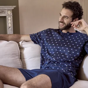 Pigiama corto serafino in setoso puro cotone mercerizzato fantasia "pesci blu"