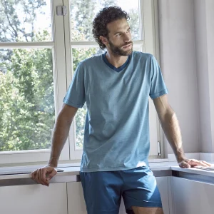 Pigiama corto, scollo a v in pregiato e lucente 100% filoscozia fil-à-fil