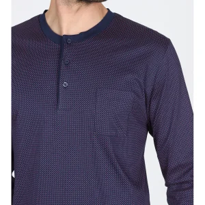 Pigiama serafino, in morbido e lucente cotone mercerizzato blu a pois