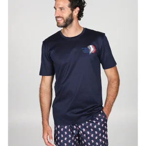 T-shirt in jersey di puro cotone blu, con stampa piazzata "indiano"