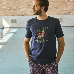 T-shirt in jersey di puro cotone blu, con stampa piazzata "siesta"