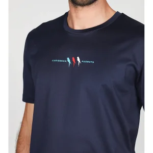 T-shirt in jersey di puro cotone blu, con stampa piazzata "pappagallo"