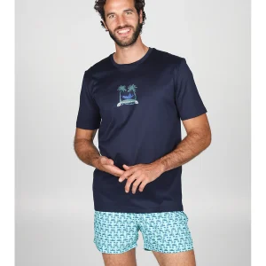 T-shirt in jersey di puro cotone blu, con stampa piazzata "palme"